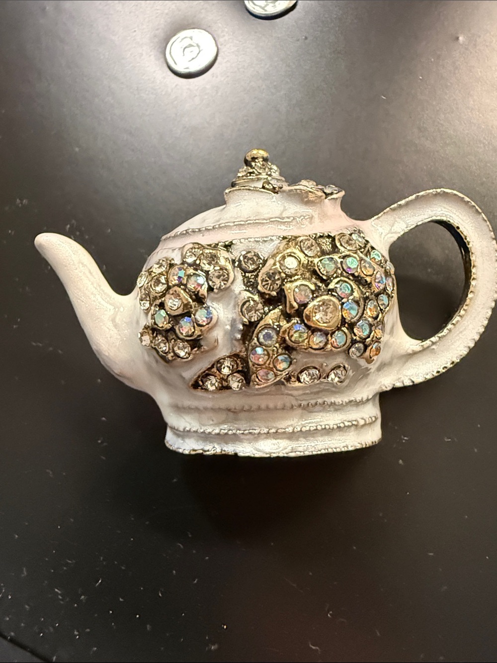 White Jeweled Teapot Sculpture - Decorative pin broach or bag charm.